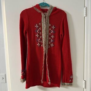 Red Fur Trimmed Embroidered Hooded Sweater